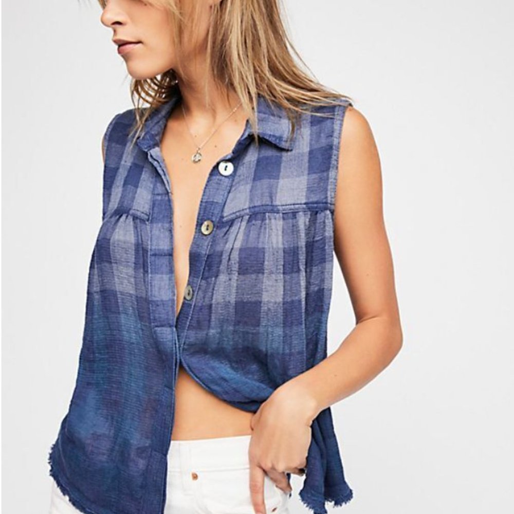 Free People Hey There Sunrise Button Down Checkered Plaid Blue Collar Blouse